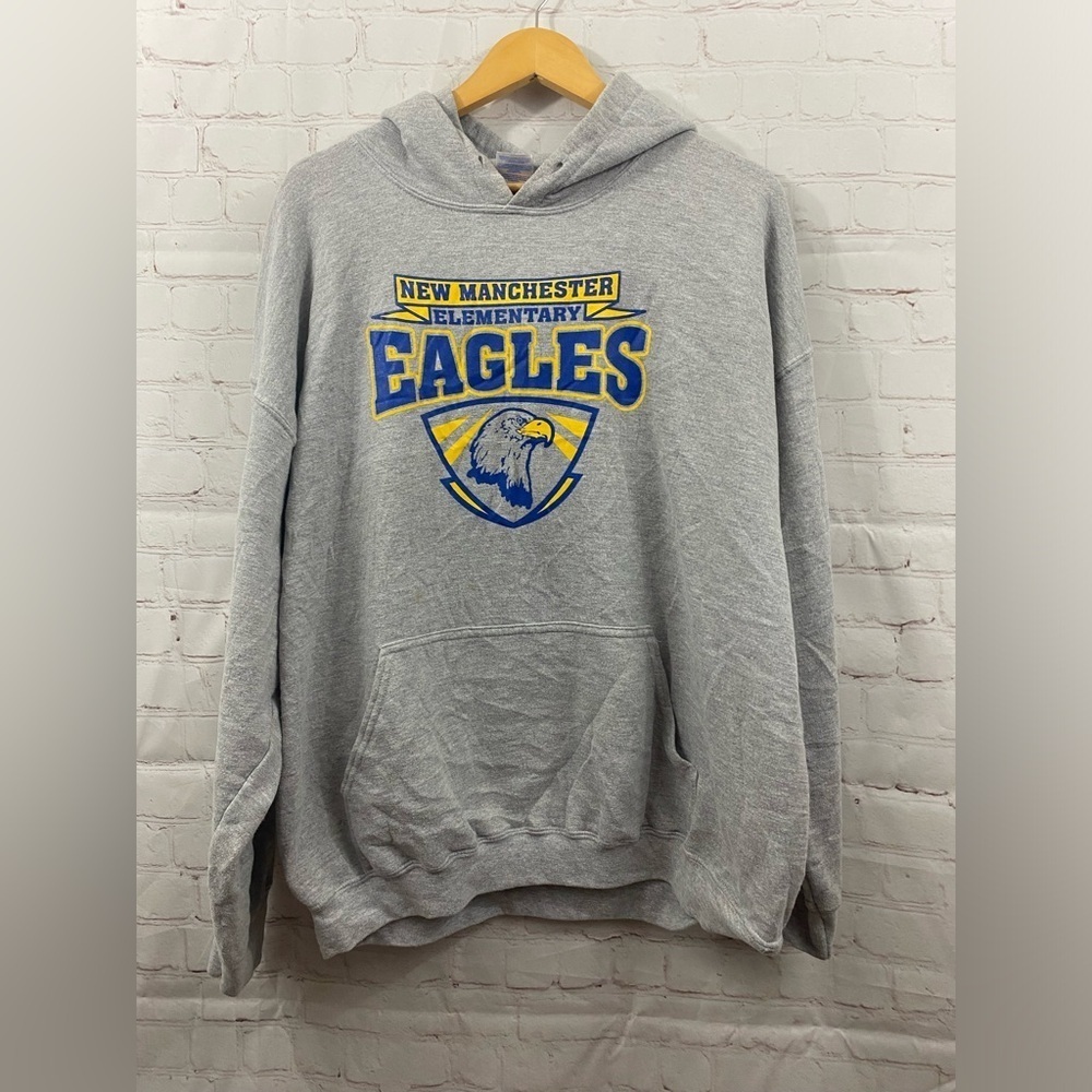 New Manchester Elementary Eagles Hoodie Mens Size XL Gray Gildan (Flaw)